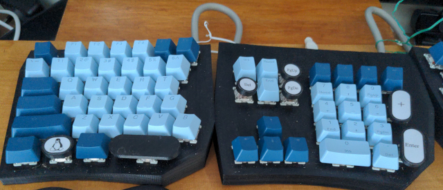 Photo of the centre and left panels of a home-made split keyboard